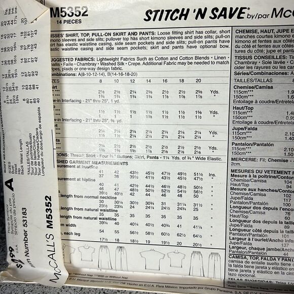 McCall's Patterns M5352 Shirt, Top, Pull-On Skirt & Pants, Size B (14-16-18-20) - Picture 5 of 6